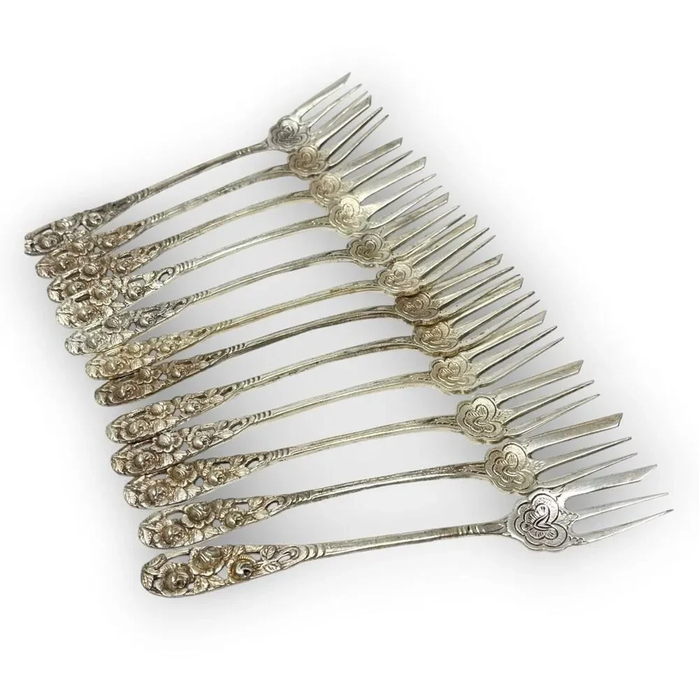 Silver 800 835 Dessert Pastry Mini Forks Fork Lot of 12 Floral Ornate Rose 5.5”